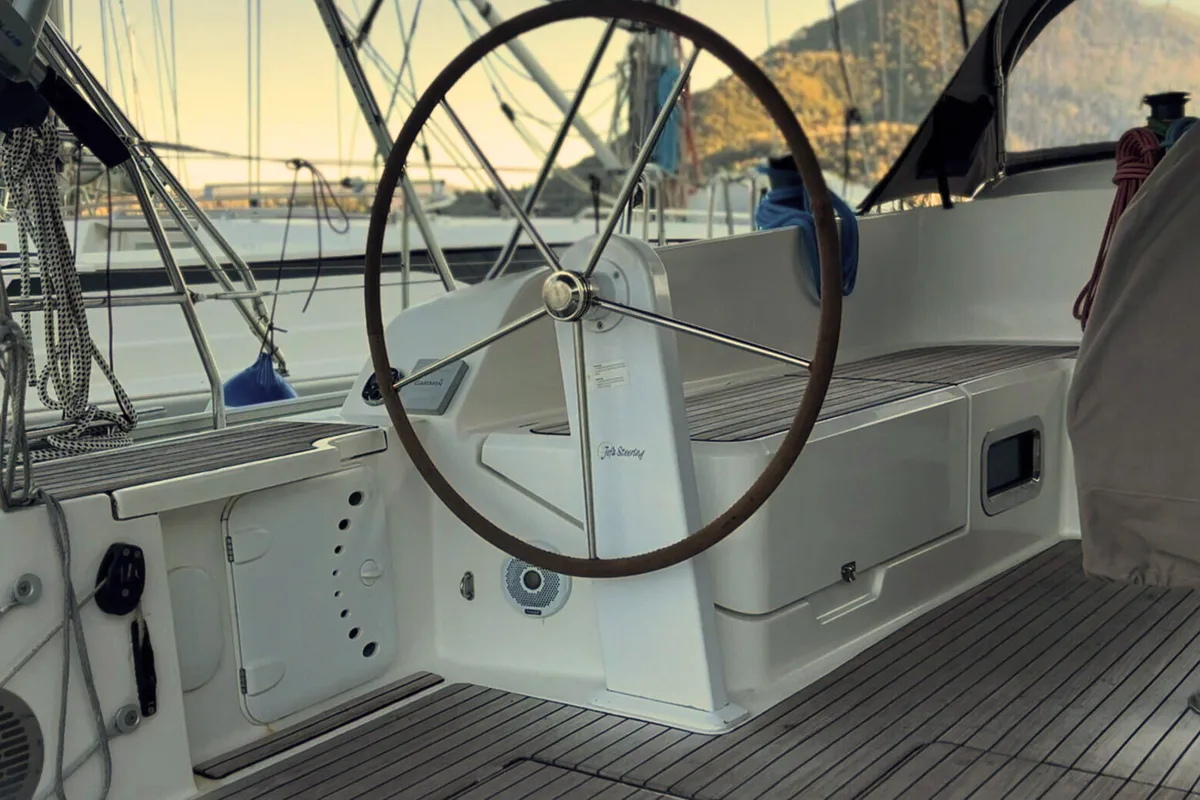 Cockpit of WHISKY FOXTROT, a Bavaria 46 Cruiser sailboat at Municipal Unit of Ellomenos, Greece