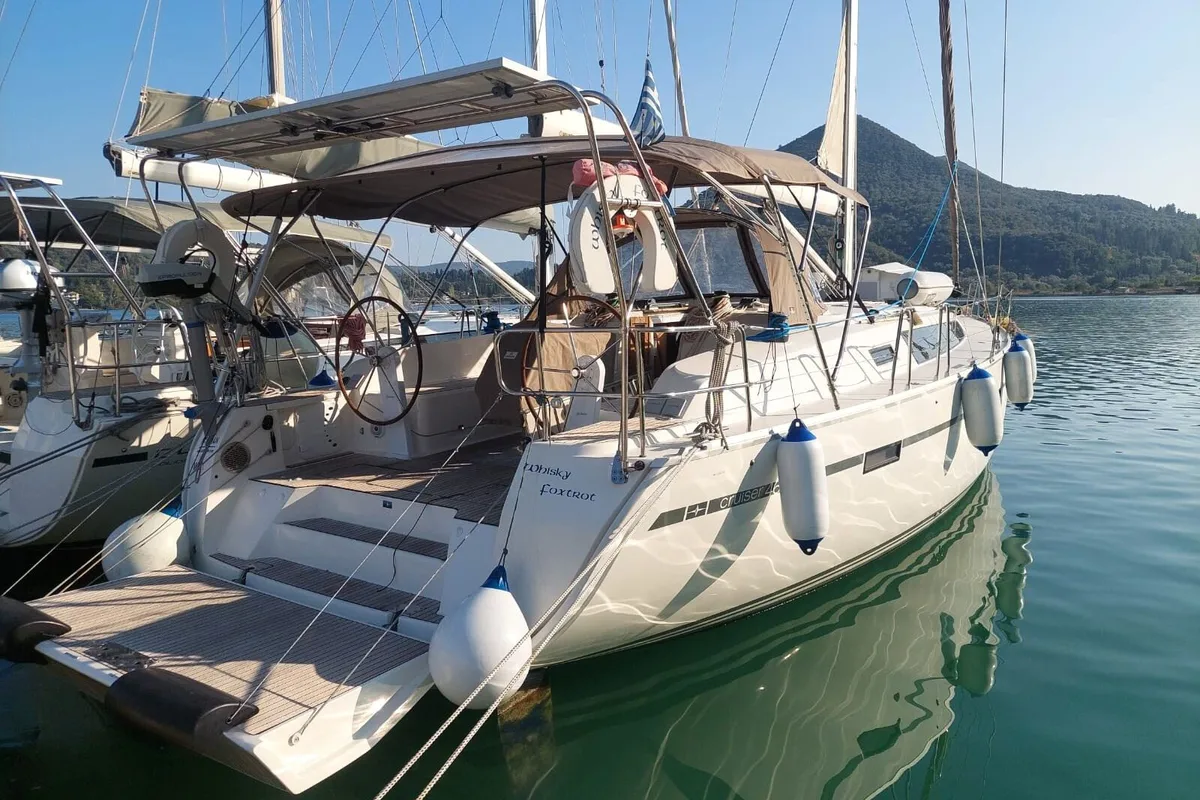 Exterior view of WHISKY FOXTROT, a Bavaria 46 Cruiser sailboat at Municipal Unit of Ellomenos, Greece