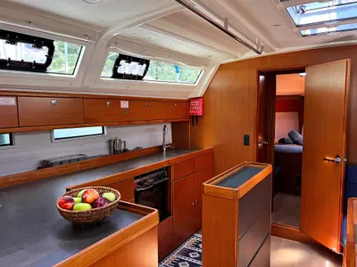 Galley of WHISKY FOXTROT, a Bavaria 46 Cruiser sailboat at Municipal Unit of Ellomenos, Greece