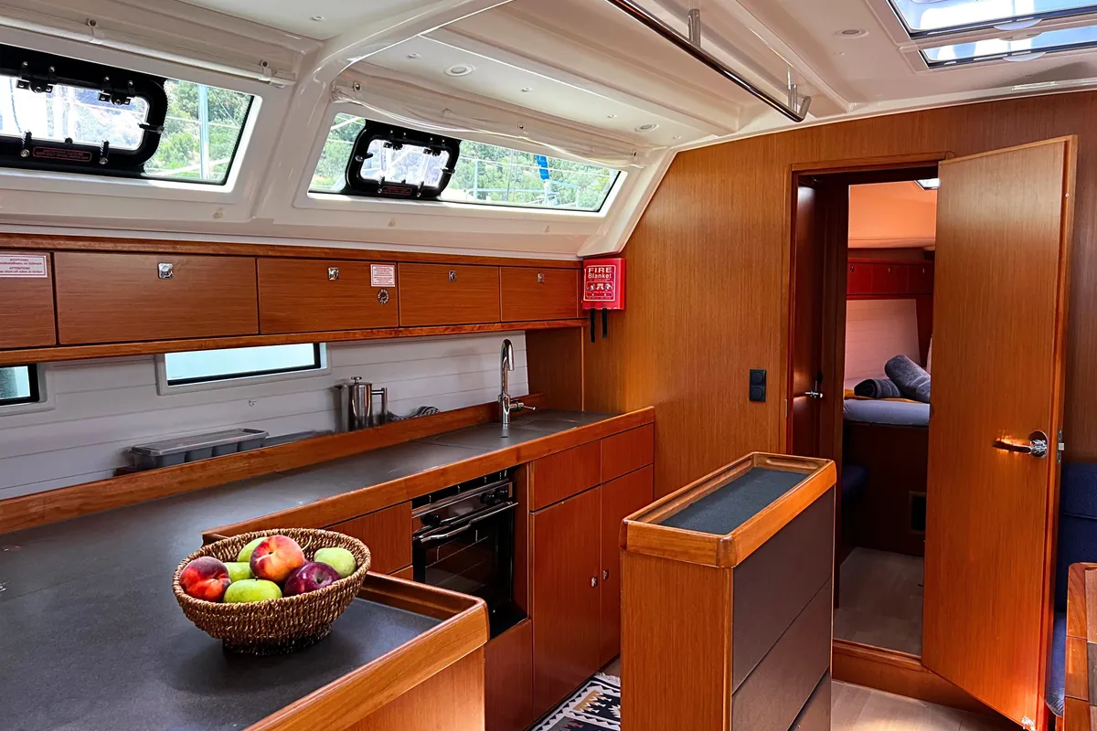 Galley of WHISKY FOXTROT, a Bavaria 46 Cruiser sailboat at Municipal Unit of Ellomenos, Greece