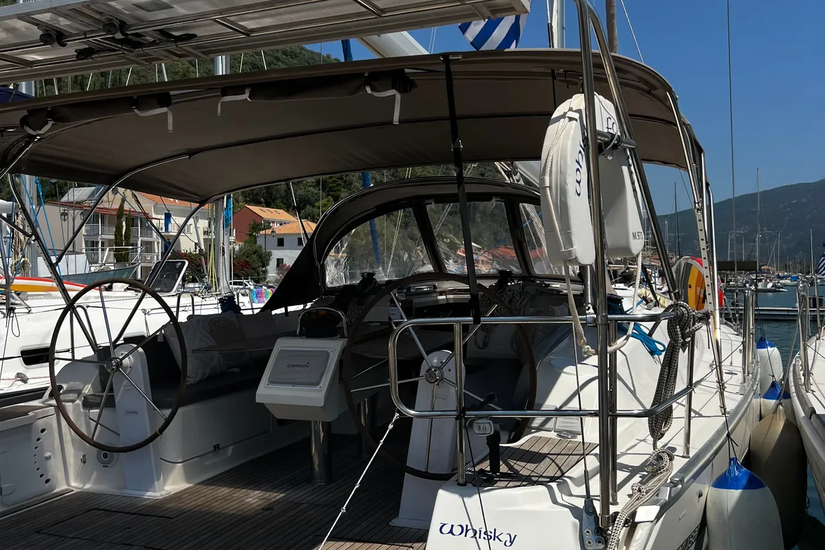 Exterior view of WHISKY FOXTROT, a Bavaria 46 Cruiser sailboat at Municipal Unit of Ellomenos, Greece