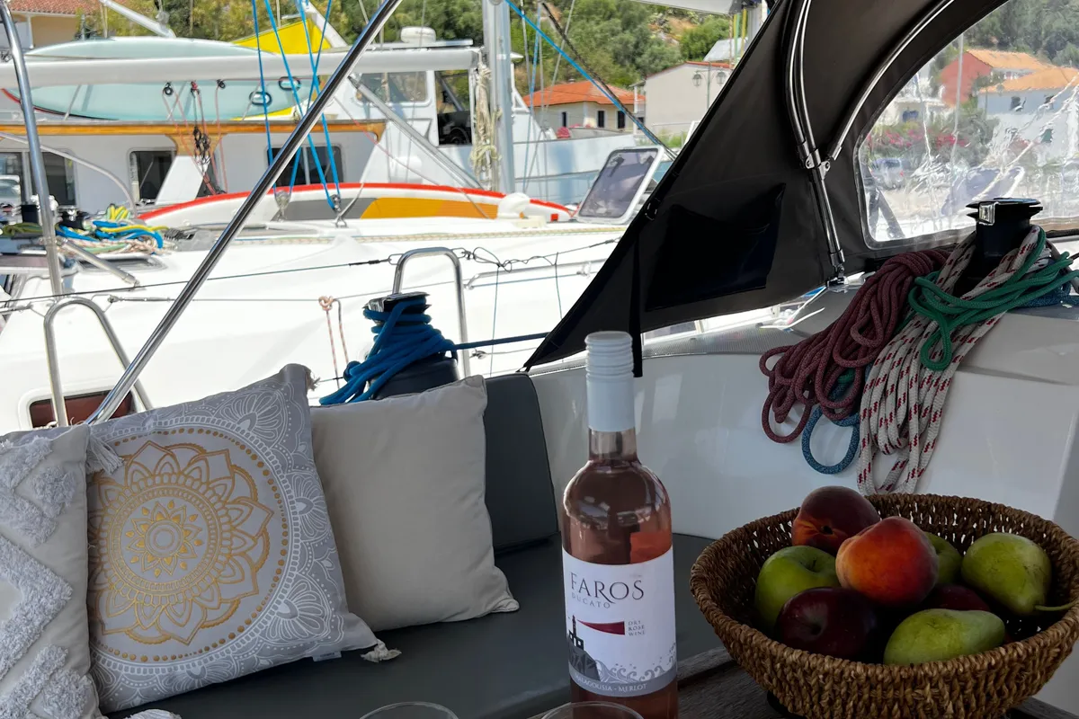 Deck of WHISKY FOXTROT, a Bavaria 46 Cruiser sailboat at Municipal Unit of Ellomenos, Greece