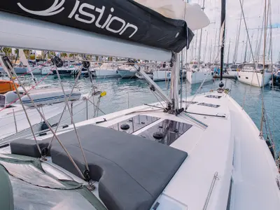 Deck of Ella, a Hanse 458 sailboat at Kos, Greece