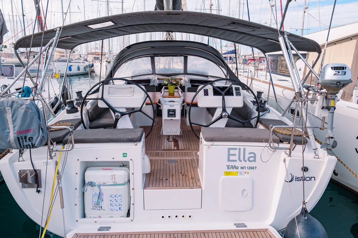 Cockpit of Ella, a Hanse 458 sailboat at Kos, Greece