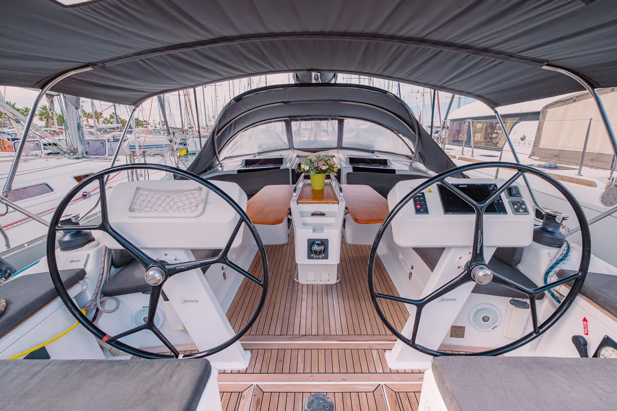 Cockpit of Ella, a Hanse 458 sailboat at Kos, Greece