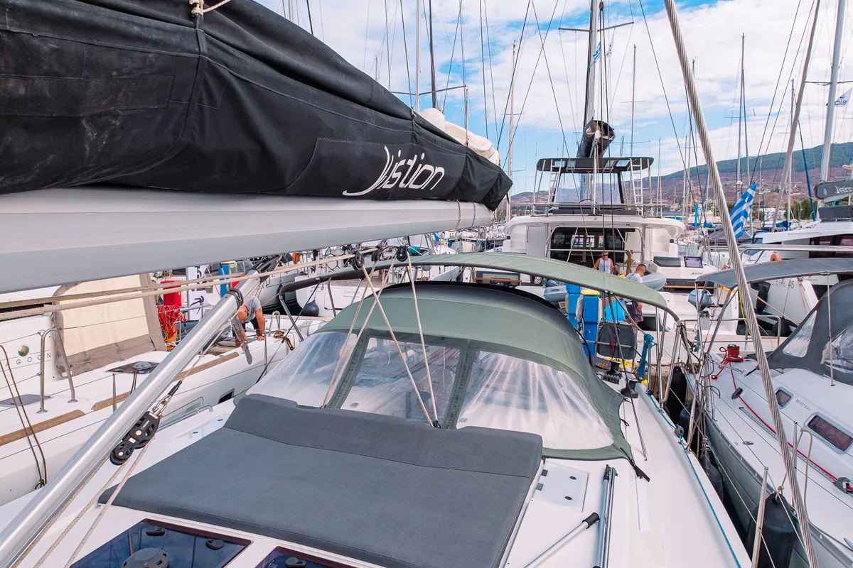 Deck of Ella, a Hanse 458 sailboat at Kos, Greece