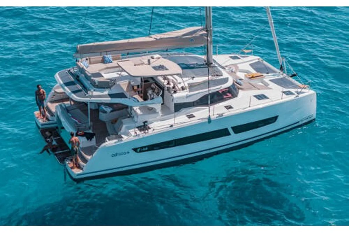 Exterior view of Premium, a Fountaine Pajot FP 44 catamaran at es Jonquet, Spain