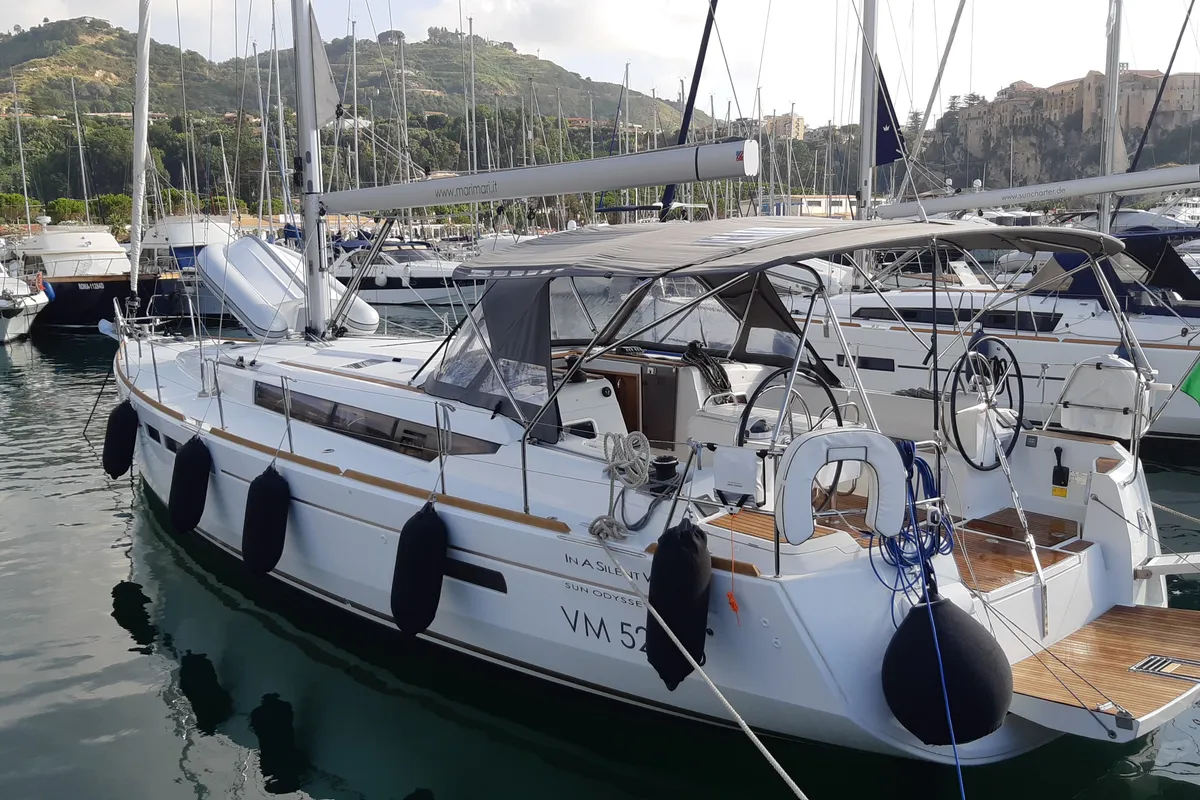 Exterior view of In A Silent Way, a Jeanneau Sun Odyssey 519 sailboat at Tropea, Italy