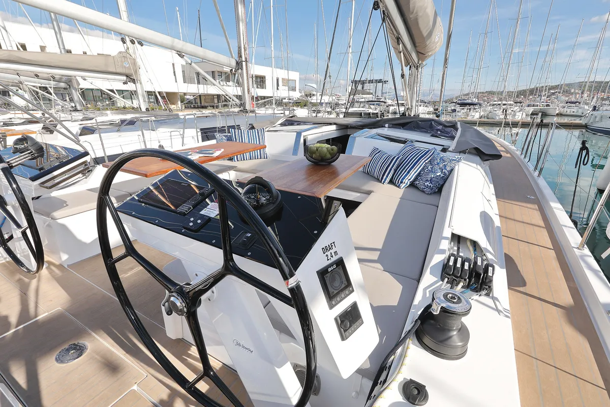 Cockpit of Chrisphi, a Hanse 460 sailboat at Seget Donji, Croatia