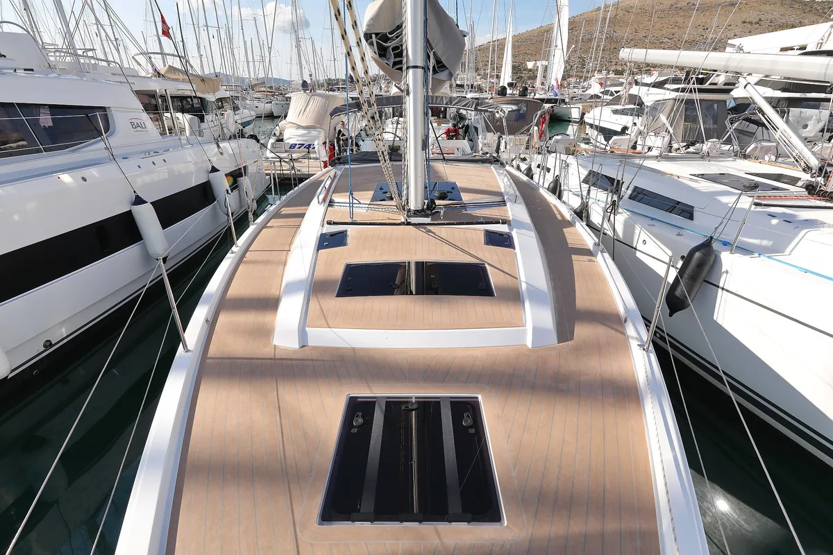 Deck of Chrisphi, a Hanse 460 sailboat at Seget Donji, Croatia