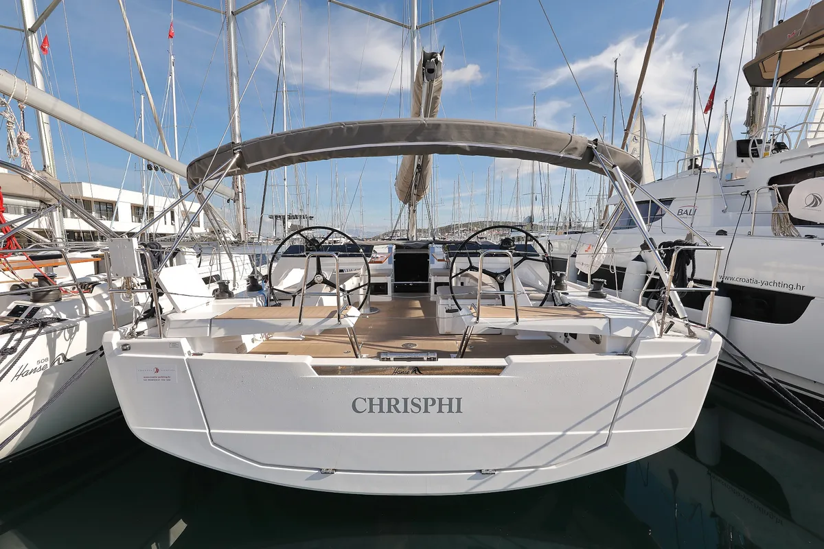 Exterior view of Chrisphi, a Hanse 460 sailboat at Seget Donji, Croatia