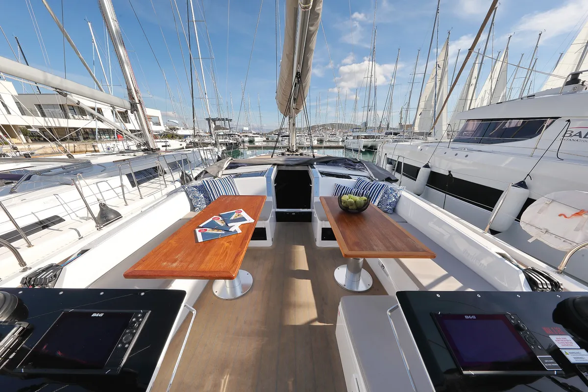 Deck of Chrisphi, a Hanse 460 sailboat at Seget Donji, Croatia