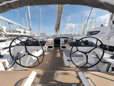 Cockpit of Chrisphi, a Hanse 460 sailboat at Seget Donji, Croatia