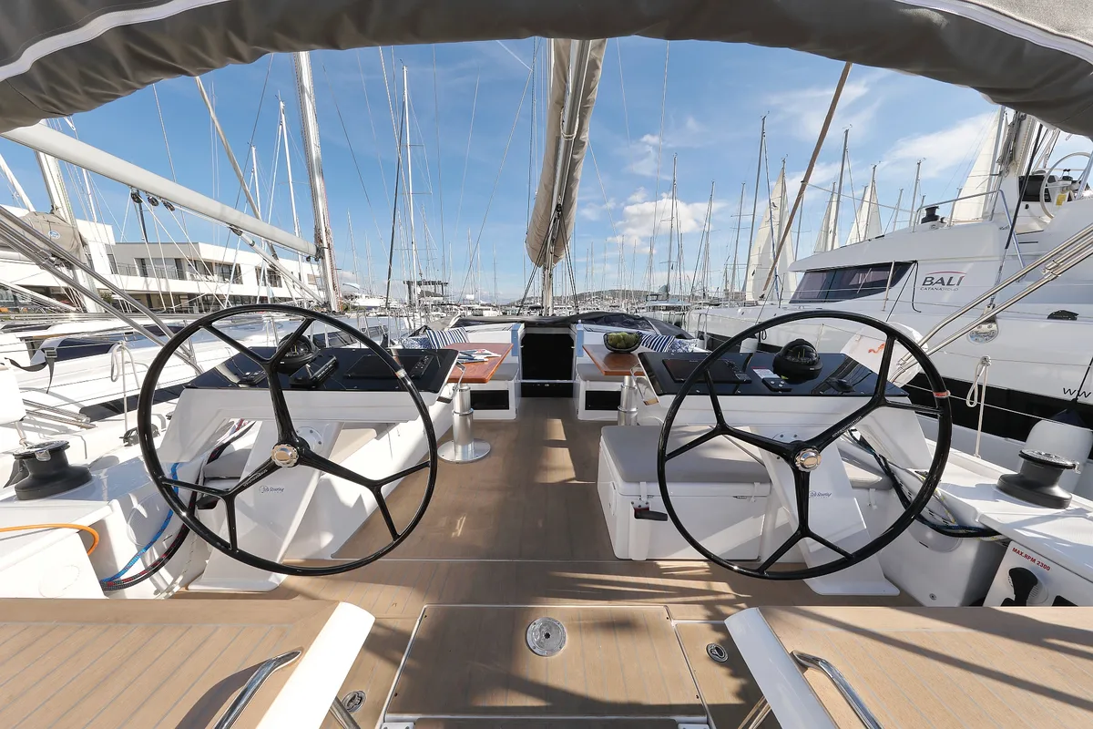 Cockpit of Chrisphi, a Hanse 460 sailboat at Seget Donji, Croatia