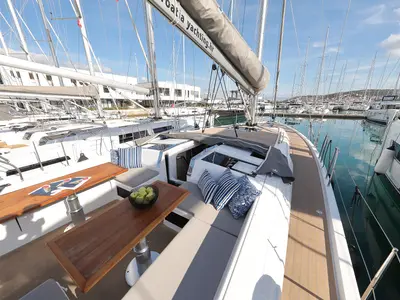 Deck of Chrisphi, a Hanse 460 sailboat at Seget Donji, Croatia