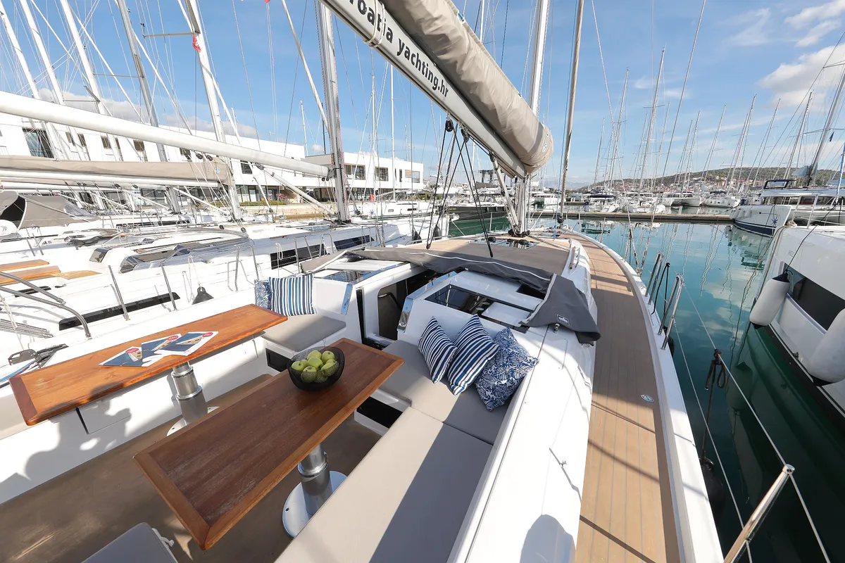 Deck of Chrisphi, a Hanse 460 sailboat at Seget Donji, Croatia