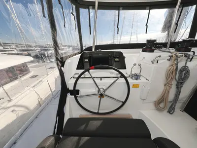Cockpit of Equator, a Lagoon 42 catamaran at Sukošan, Croatia