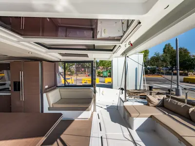 Deck of Alba, a Bali 4.3 catamaran at Lefkada, Greece