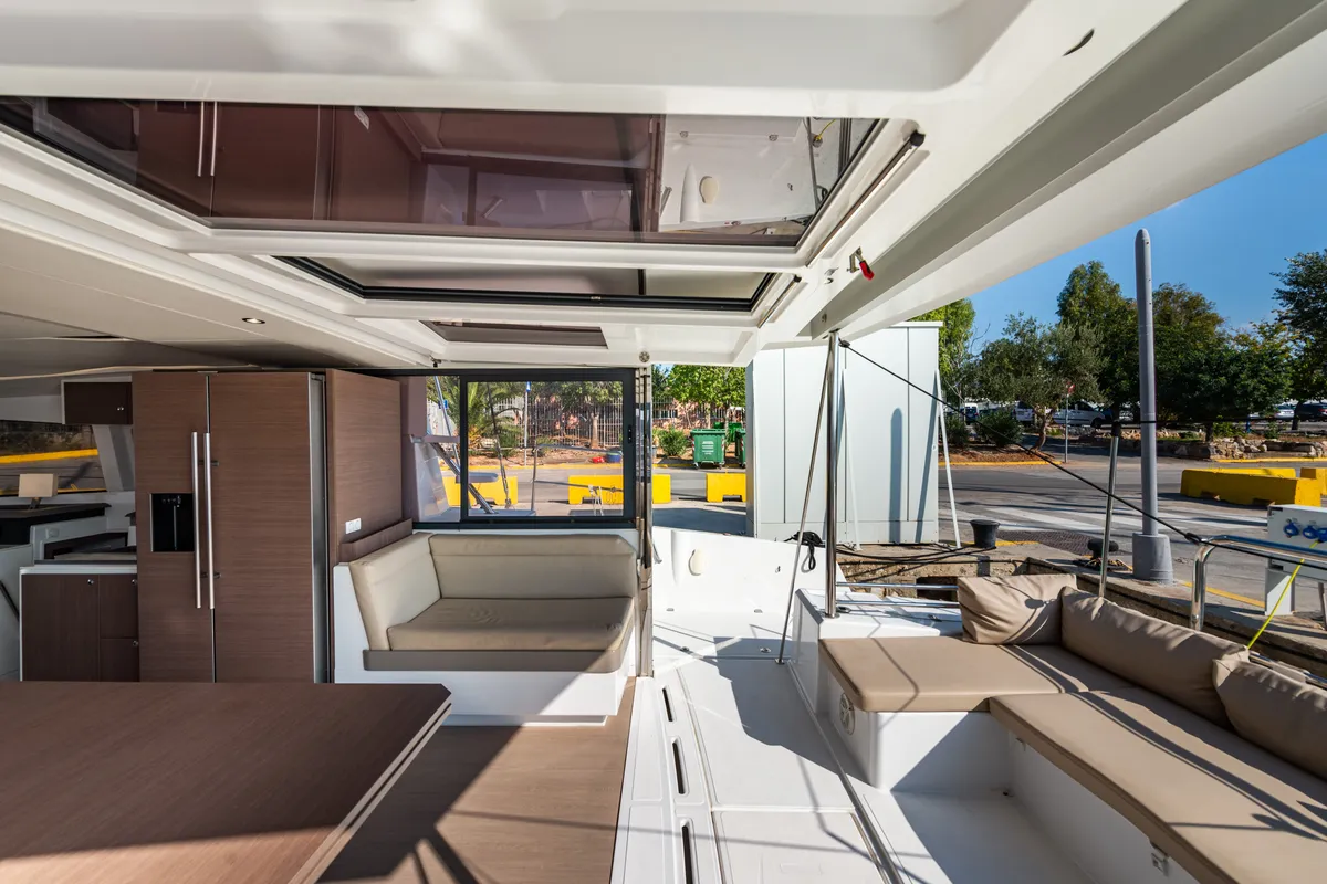 Deck of Alba, a Bali 4.3 catamaran at Lefkada, Greece