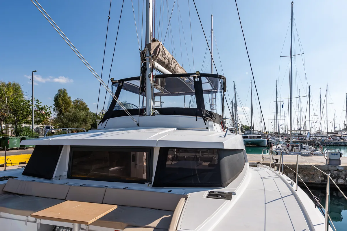 Exterior view of Alba, a Bali 4.3 catamaran at Lefkada, Greece