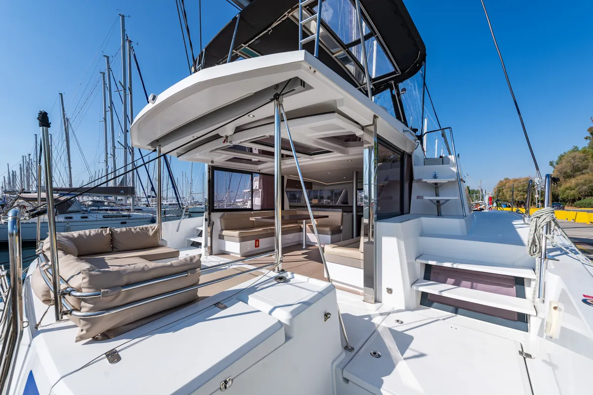 Exterior view of Alba, a Bali 4.3 catamaran at Lefkada, Greece