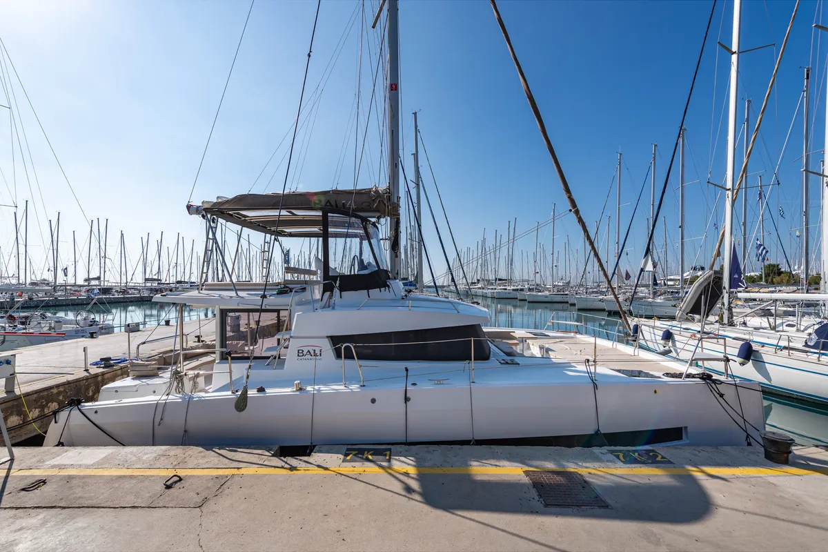 Exterior view of Alba, a Bali 4.3 catamaran at Lefkada, Greece