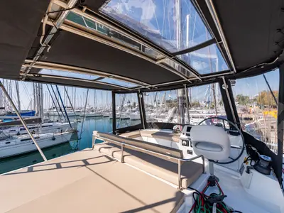 Cockpit of Alba, a Bali 4.3 catamaran at Lefkada, Greece