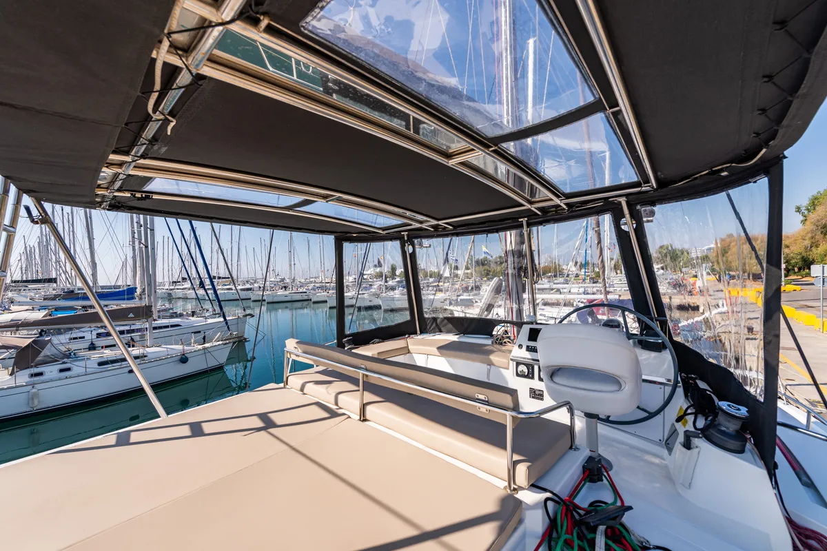Cockpit of Alba, a Bali 4.3 catamaran at Lefkada, Greece