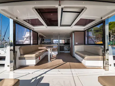 Salon of Alba, a Bali 4.3 catamaran at Lefkada, Greece