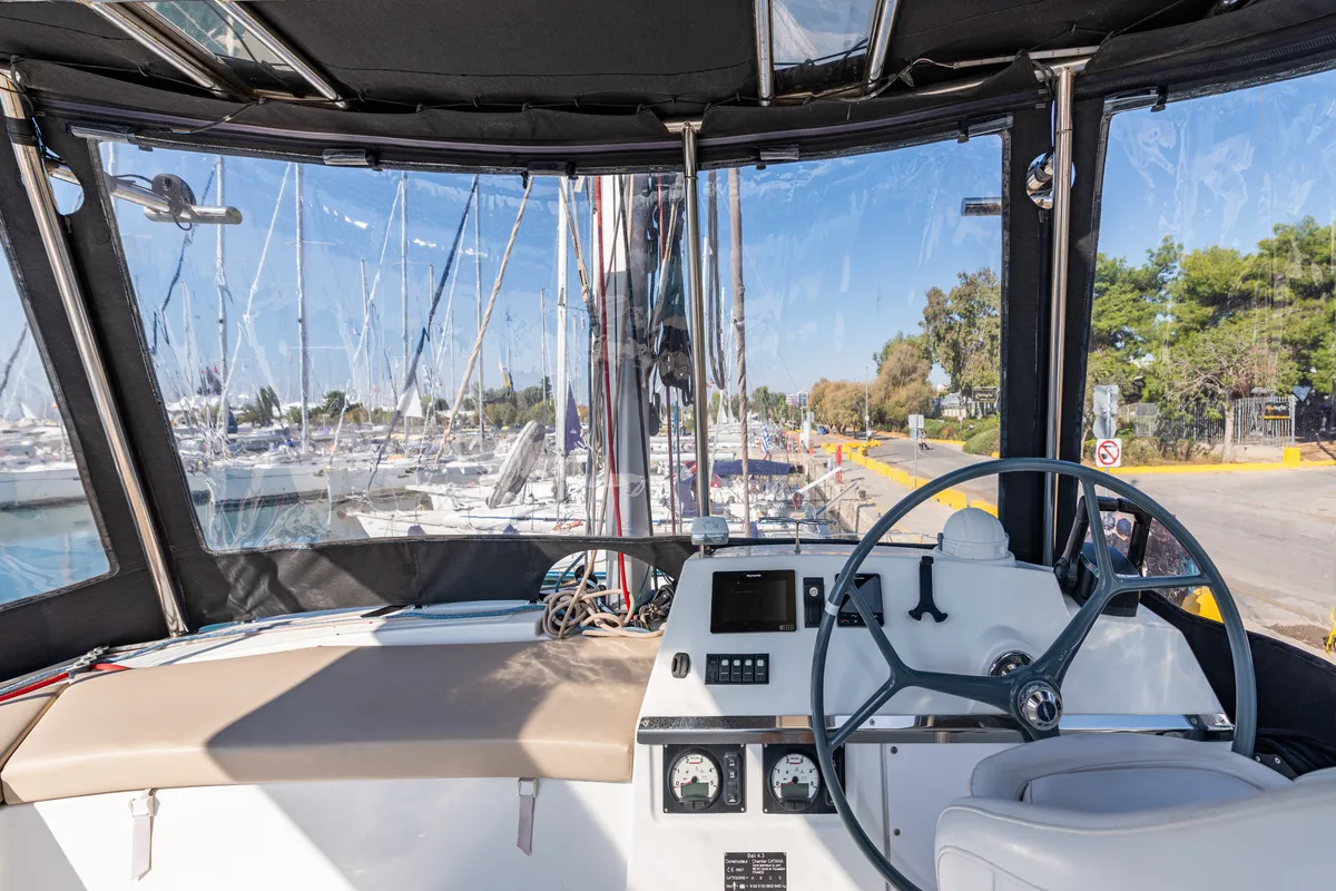 Cockpit of Alba, a Bali 4.3 catamaran at Lefkada, Greece