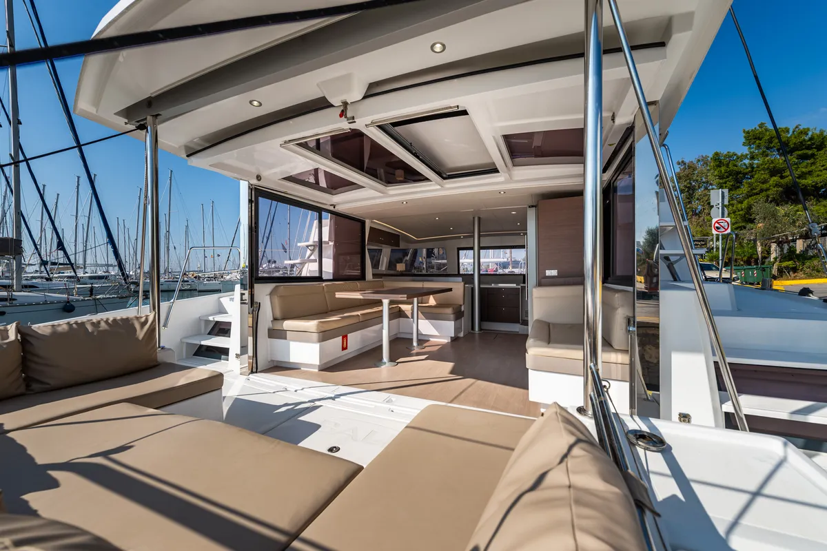 Deck of Alba, a Bali 4.3 catamaran at Lefkada, Greece