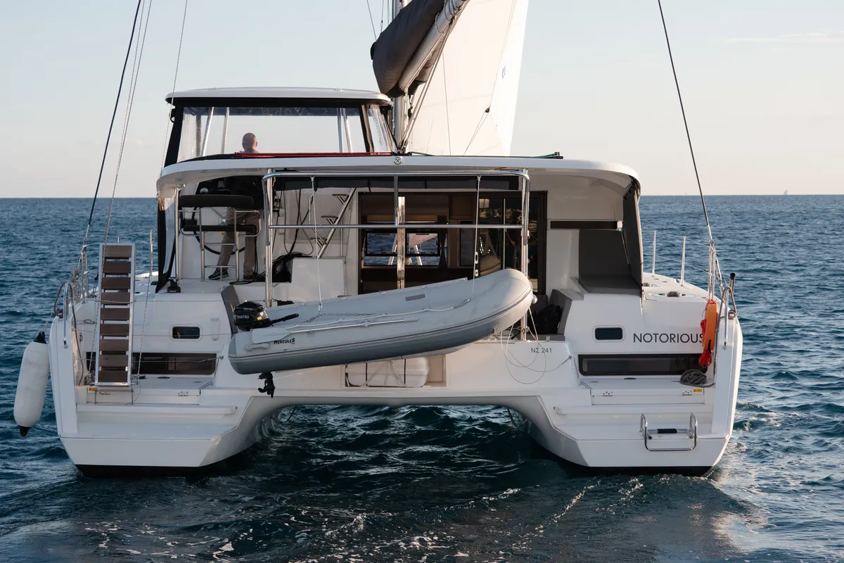 Exterior view of Notorious, a Lagoon 42 catamaran at Athens, Greece