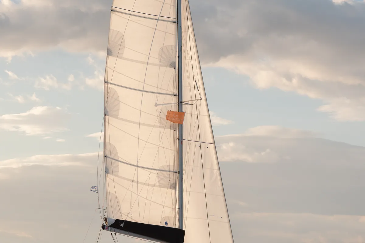 Exterior view of Notorious, a Lagoon 42 catamaran at Athens, Greece