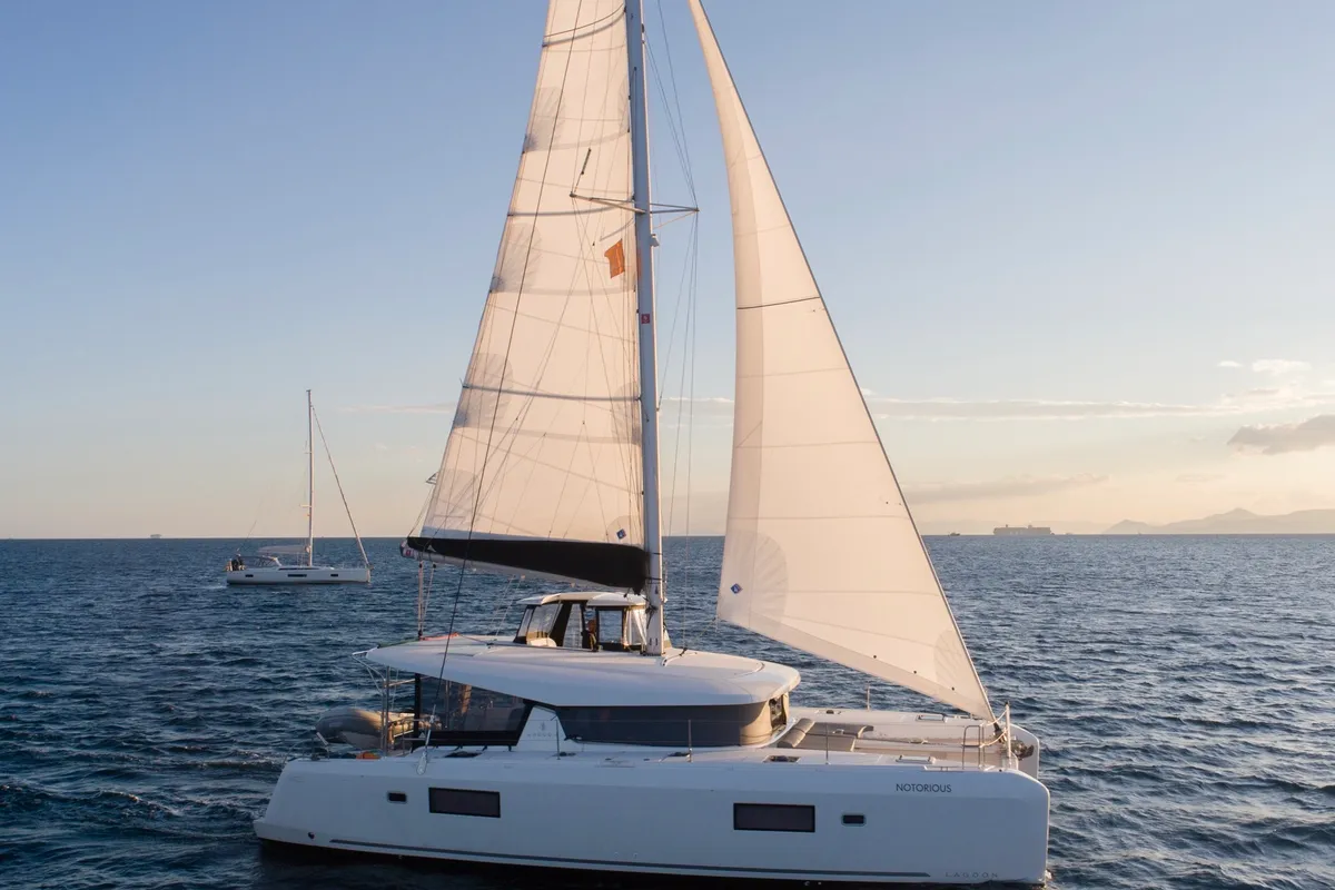 Exterior view of Notorious, a Lagoon 42 catamaran at Athens, Greece