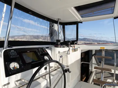 Cockpit of Notorious, a Lagoon 42 catamaran at Athens, Greece