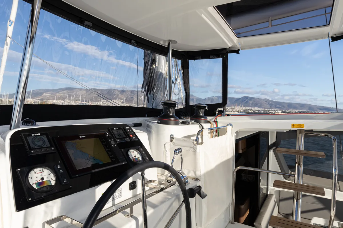 Cockpit of Notorious, a Lagoon 42 catamaran at Athens, Greece