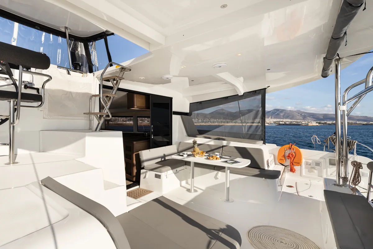 Deck of Notorious, a Lagoon 42 catamaran at Athens, Greece