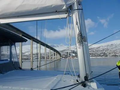 Deck of Arctic Princess, a Lagoon 450 catamaran at Tromsø, Norway