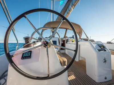 Cockpit of Garfish, a Jeanneau Sun Odyssey 410 sailboat at Municipal Unit of Lefkada, Greece