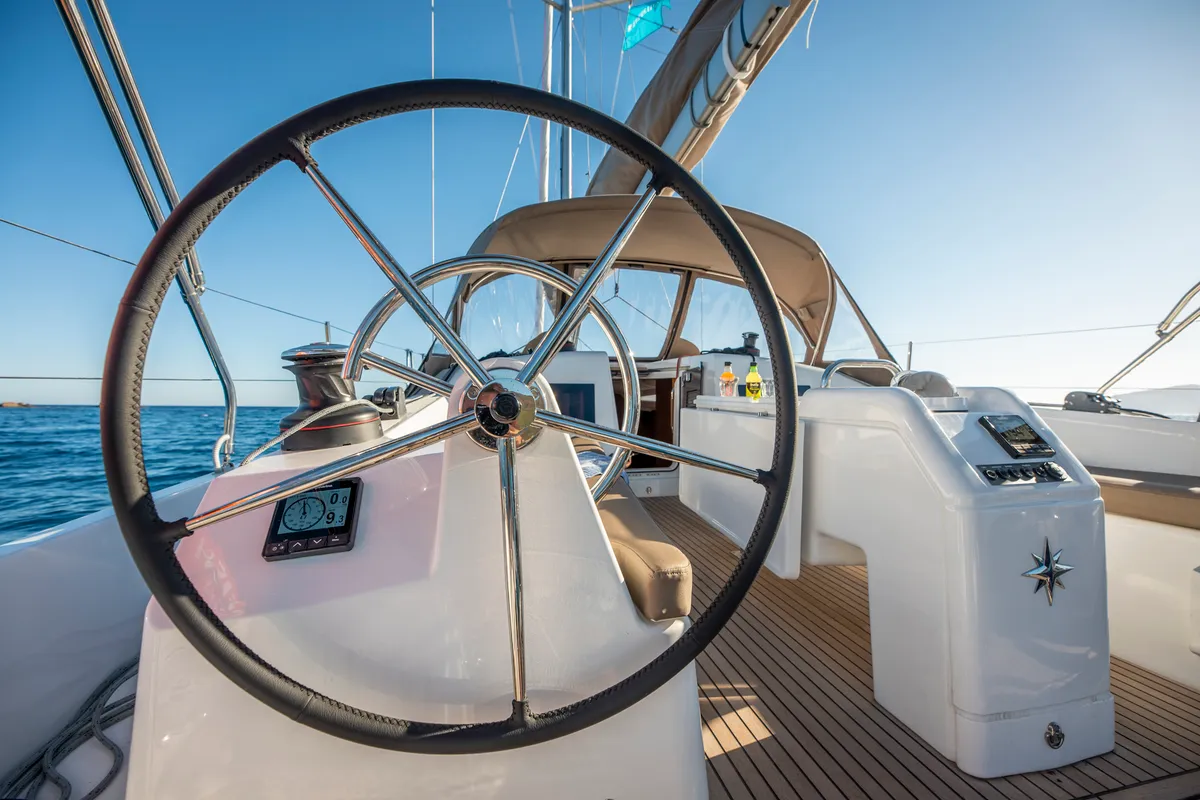 Cockpit of Garfish, a Jeanneau Sun Odyssey 410 sailboat at Municipal Unit of Lefkada, Greece