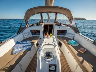 Deck of Garfish, a Jeanneau Sun Odyssey 410 sailboat at Municipal Unit of Lefkada, Greece