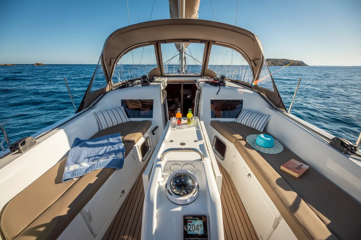 Deck of Garfish, a Jeanneau Sun Odyssey 410 sailboat at Municipal Unit of Lefkada, Greece