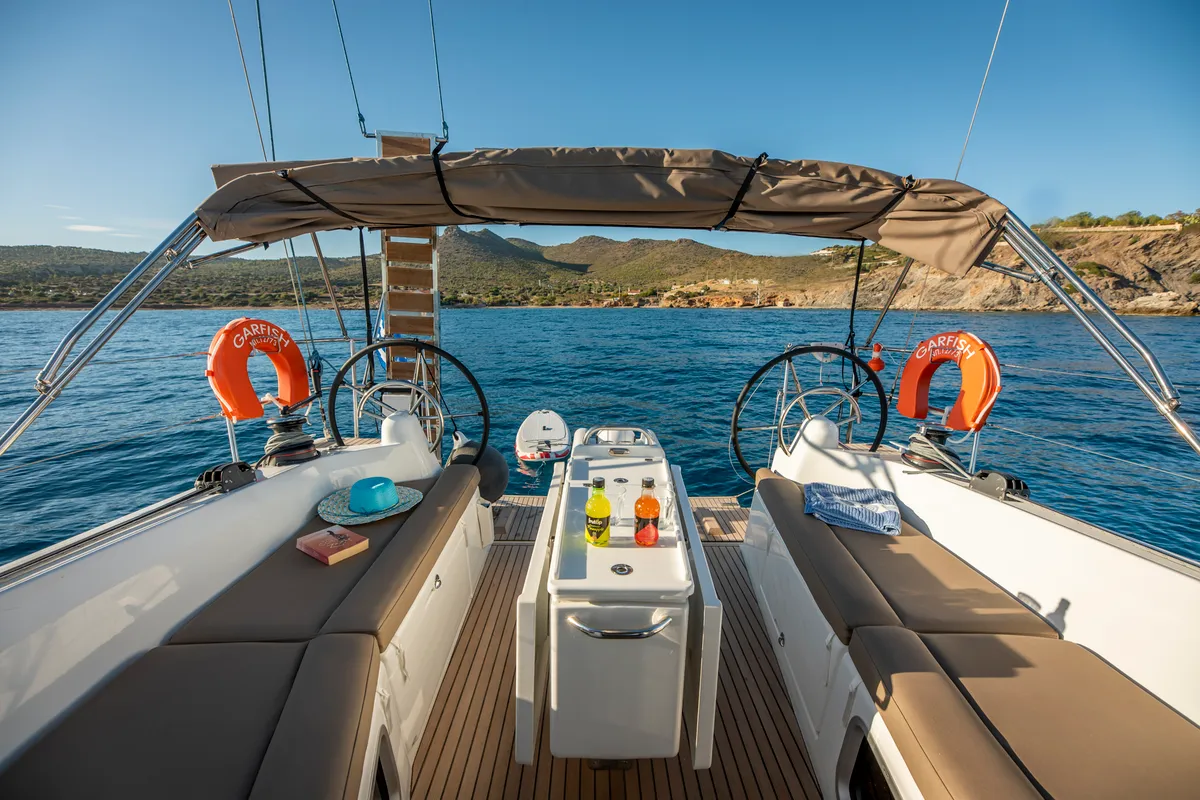 Deck of Garfish, a Jeanneau Sun Odyssey 410 sailboat at Municipal Unit of Lefkada, Greece
