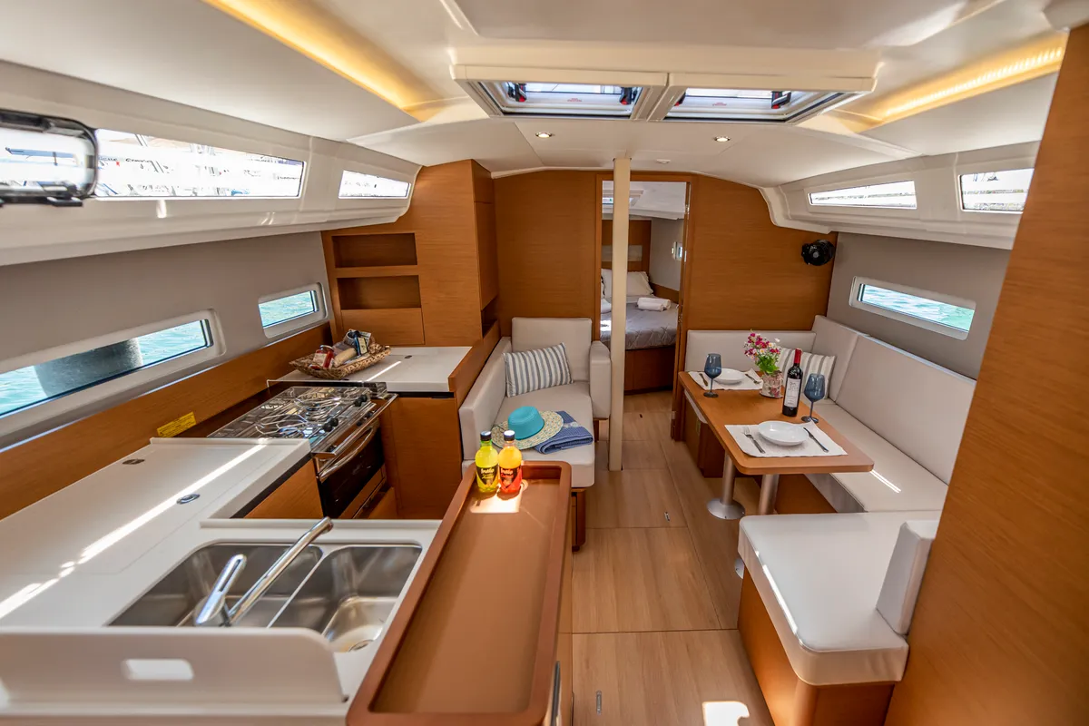 Galley of Garfish, a Jeanneau Sun Odyssey 410 sailboat at Municipal Unit of Lefkada, Greece