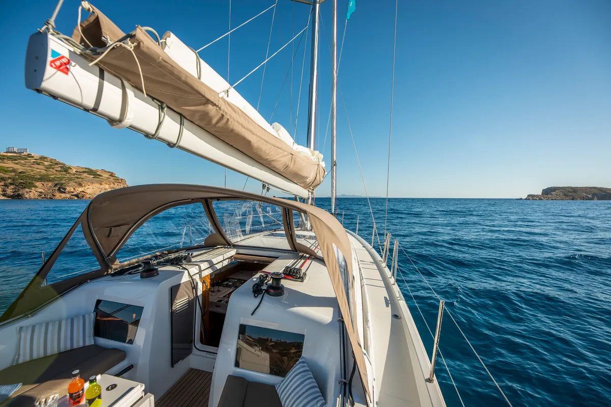 Deck of Garfish, a Jeanneau Sun Odyssey 410 sailboat at Municipal Unit of Lefkada, Greece