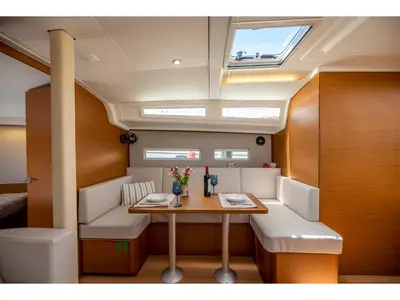 Salon of Garfish, a Jeanneau Sun Odyssey 410 sailboat at Municipal Unit of Lefkada, Greece