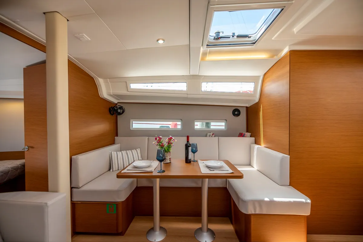 Salon of Garfish, a Jeanneau Sun Odyssey 410 sailboat at Municipal Unit of Lefkada, Greece