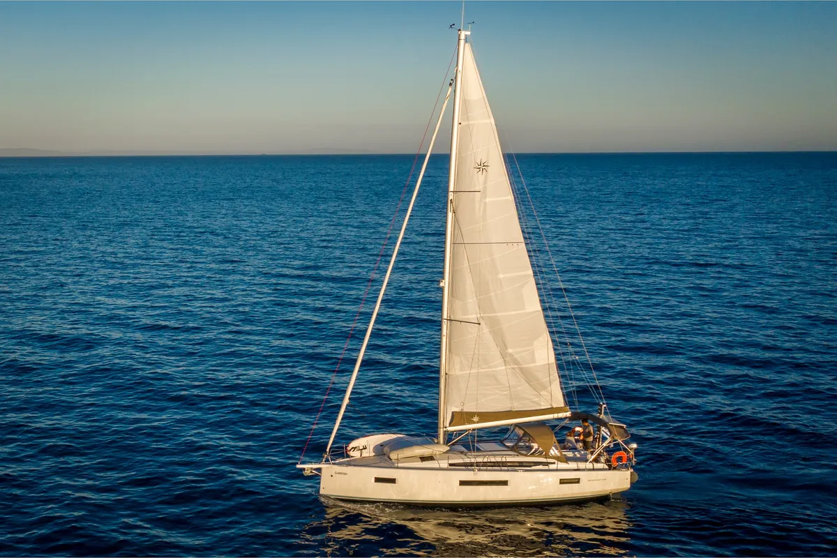 Exterior view of Garfish, a Jeanneau Sun Odyssey 410 sailboat at Municipal Unit of Lefkada, Greece