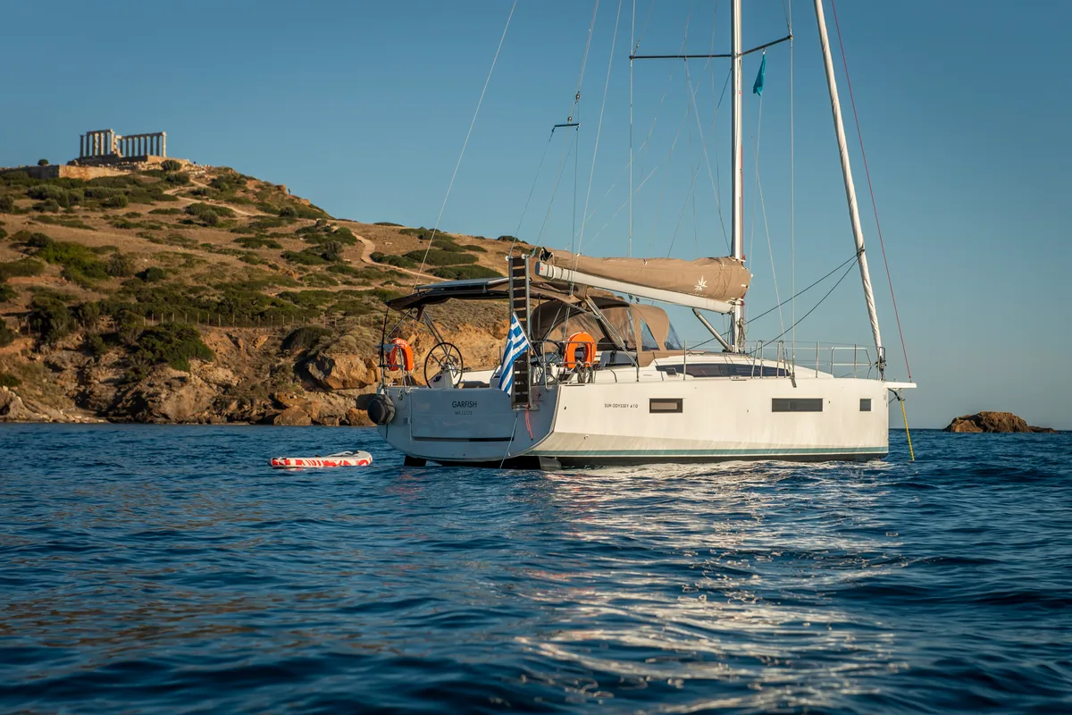 Exterior view of Garfish, a Jeanneau Sun Odyssey 410 sailboat at Municipal Unit of Lefkada, Greece