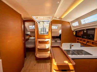 Galley of Garfish, a Jeanneau Sun Odyssey 410 sailboat at Municipal Unit of Lefkada, Greece